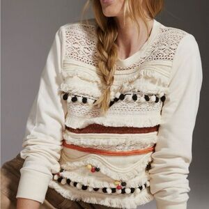 Anthropologie NWT flower that girl Cream Embroidered Pom-Pom Fringe Pullover